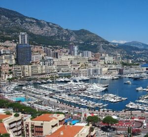 Aerial view of boats anchored in Port Hercules in Monaco.