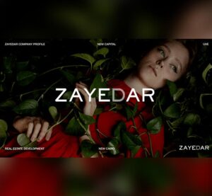 Company logo for real estate developer Zayedar, featuring a woman in a red shirt lying down wrapped in a philodendron vine.